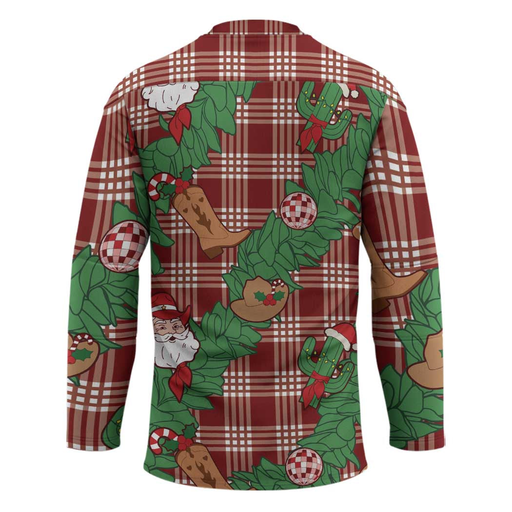 Red Palaka Hawaii Cowboy Christmas Hockey Jersey Paniolo Mix Maile Lei - Polynesian Pride