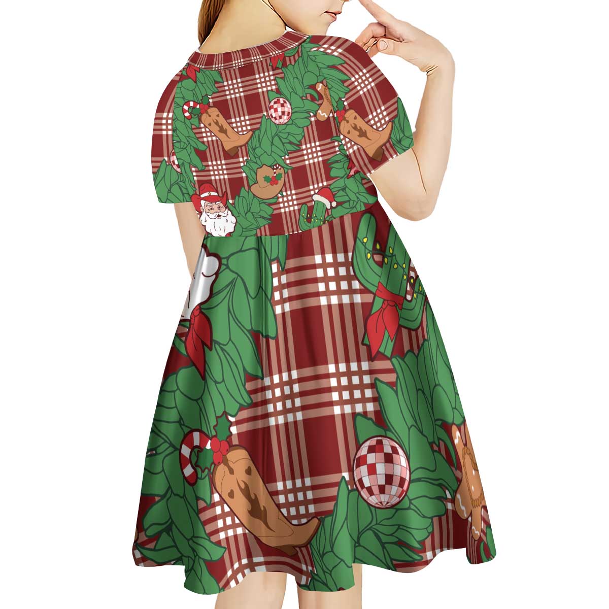 Red Palaka Hawaii Cowboy Christmas Kid Short Sleeve Dress Paniolo Mix Maile Lei - Polynesian Pride