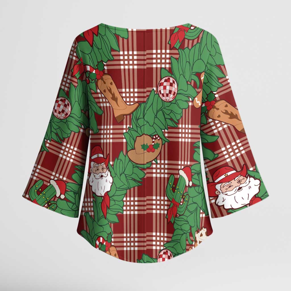Red Palaka Hawaii Cowboy Christmas Kimono Sleeve Blouse Paniolo Mix Maile Lei - Polynesian Pride