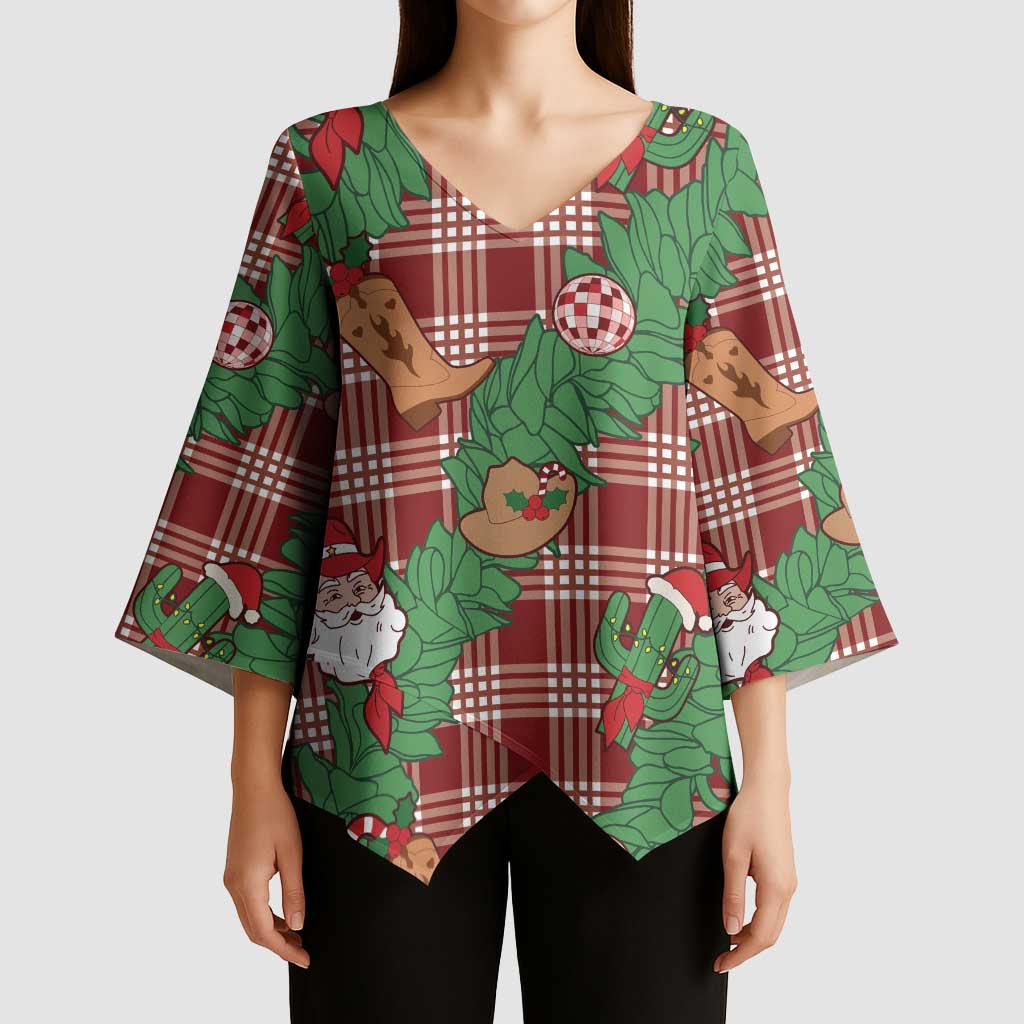 Red Palaka Hawaii Cowboy Christmas Kimono Sleeve Blouse Paniolo Mix Maile Lei - Polynesian Pride