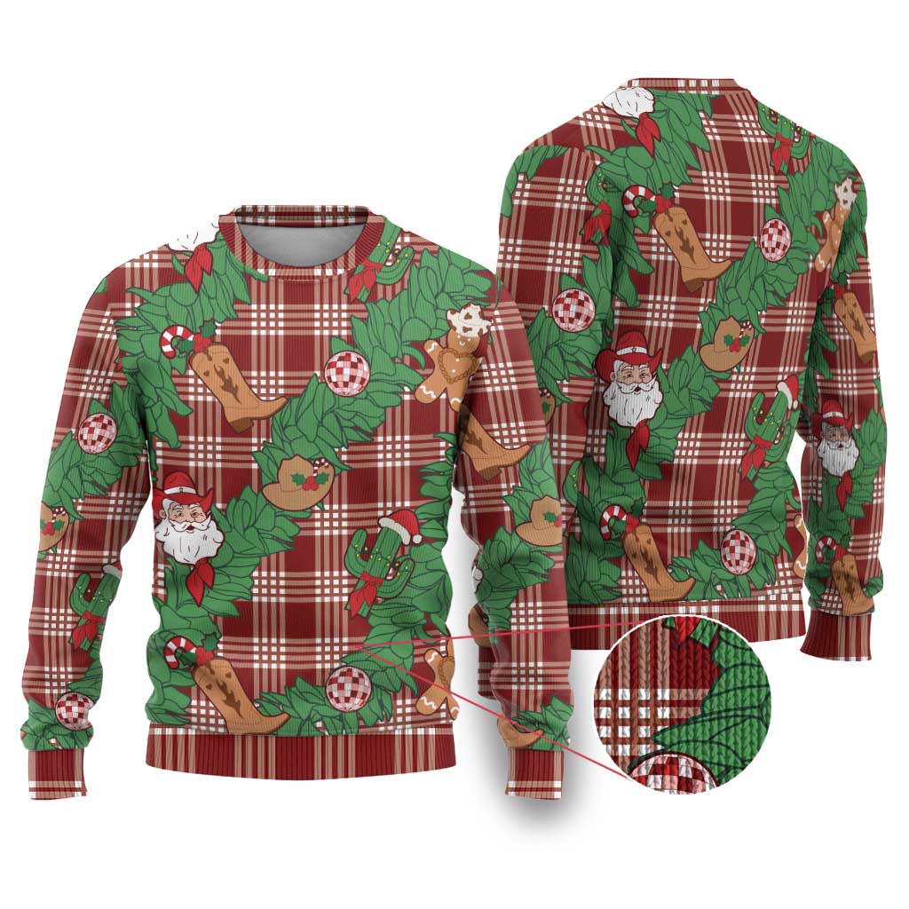 Red Palaka Hawaii Cowboy Christmas Ugly Christmas Sweater Paniolo Mix Maile Lei - Polynesian Pride