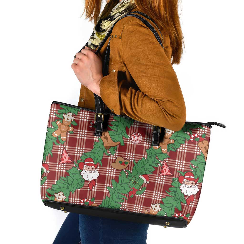 Red Palaka Hawaii Cowboy Christmas Leather Tote Bag Paniolo Mix Maile Lei - Polynesian Pride