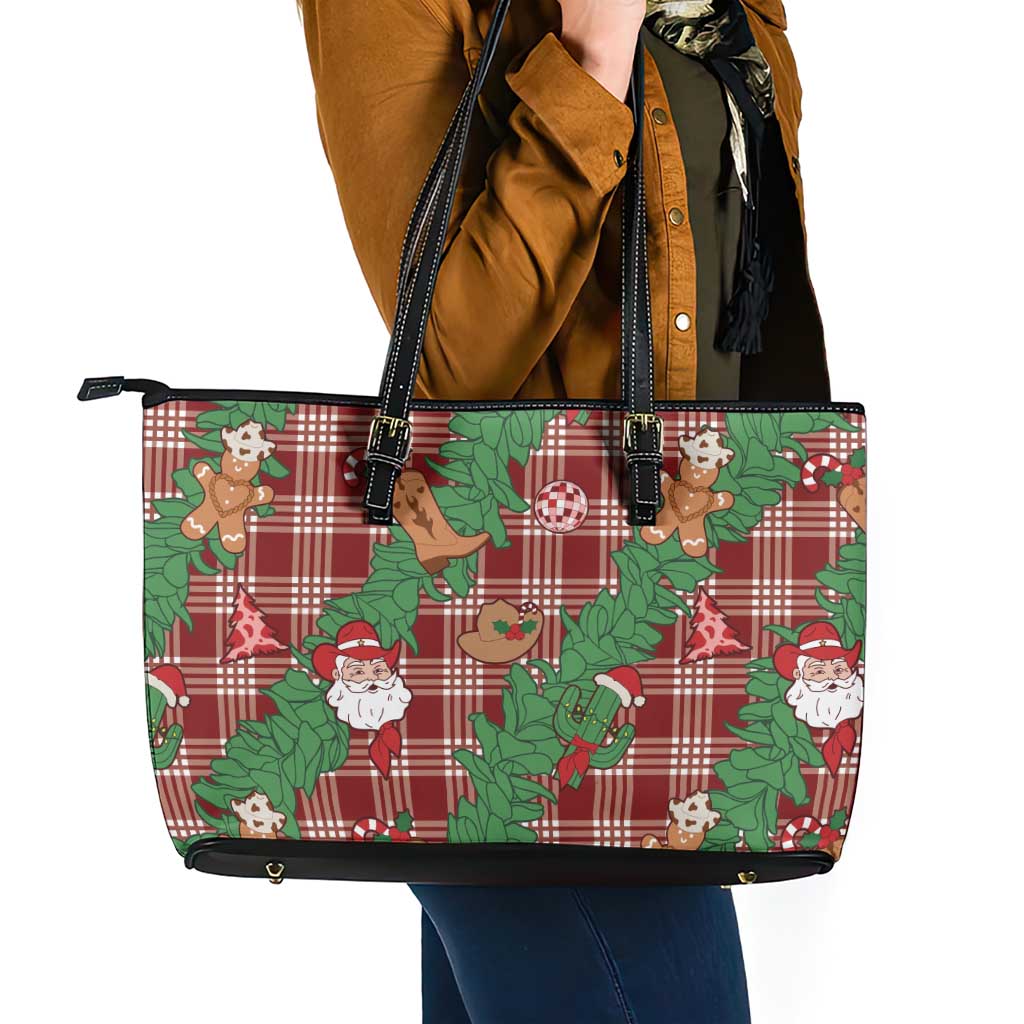 Red Palaka Hawaii Cowboy Christmas Leather Tote Bag Paniolo Mix Maile Lei - Polynesian Pride