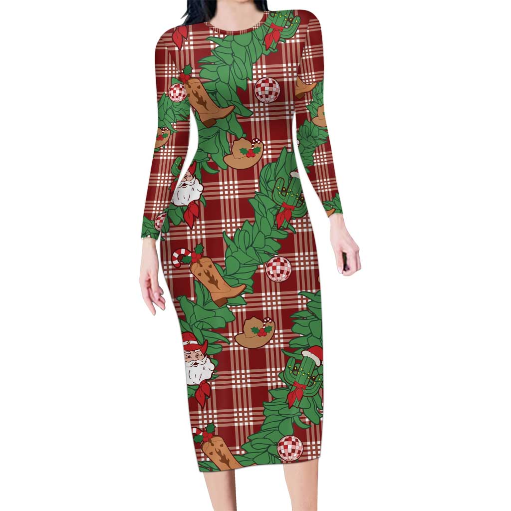 Red Palaka Hawaii Cowboy Christmas Long Sleeve Bodycon Dress Paniolo Mix Maile Lei LT7 Long Dress Red - Polynesian Pride