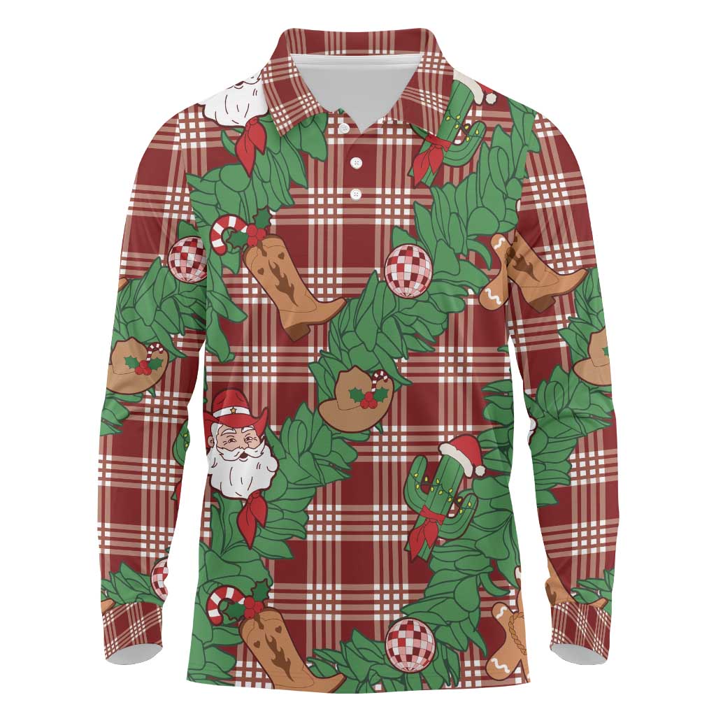 Red Palaka Hawaii Cowboy Christmas Long Sleeve Polo Shirt Paniolo Mix Maile Lei LT7 Red - Polynesian Pride