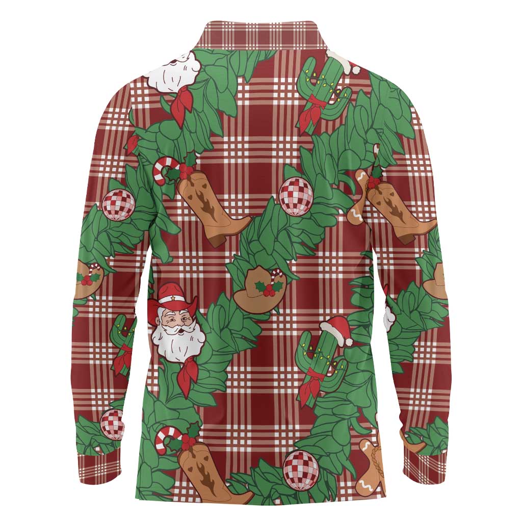 Red Palaka Hawaii Cowboy Christmas Long Sleeve Polo Shirt Paniolo Mix Maile Lei LT7 - Polynesian Pride