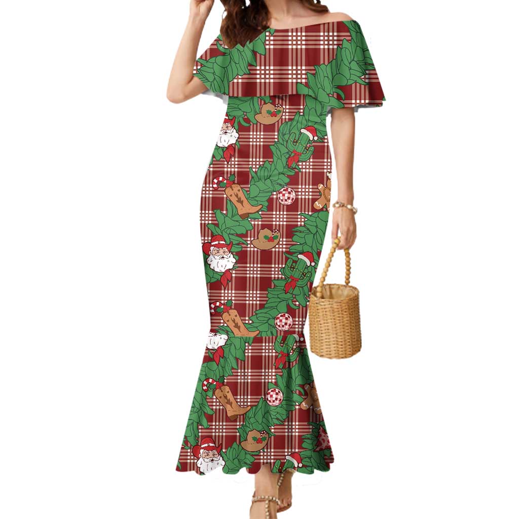 Red Palaka Hawaii Cowboy Christmas Mermaid Dress Paniolo Mix Maile Lei - Polynesian Pride