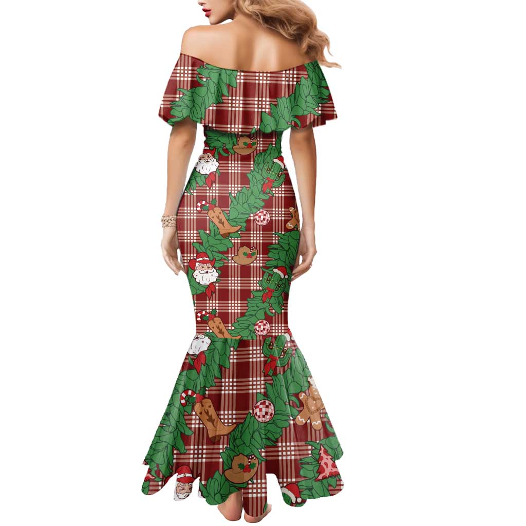 Red Palaka Hawaii Cowboy Christmas Mermaid Dress Paniolo Mix Maile Lei - Polynesian Pride