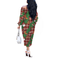 Red Palaka Hawaii Cowboy Christmas Off The Shoulder Long Sleeve Dress Paniolo Mix Maile Lei LT7 - Polynesian Pride