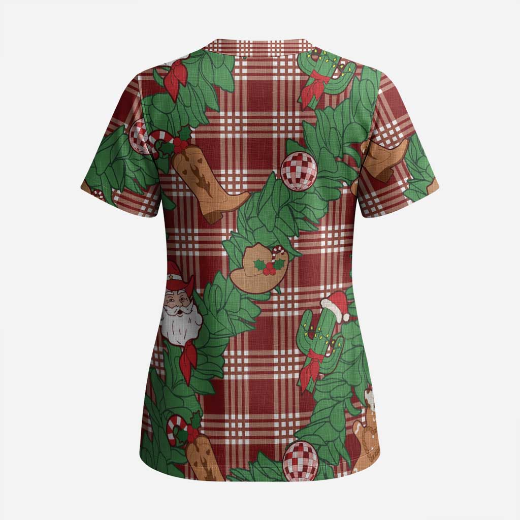 Red Palaka Hawaii Cowboy Christmas Scrub Top Paniolo Mix Maile Lei - Polynesian Pride