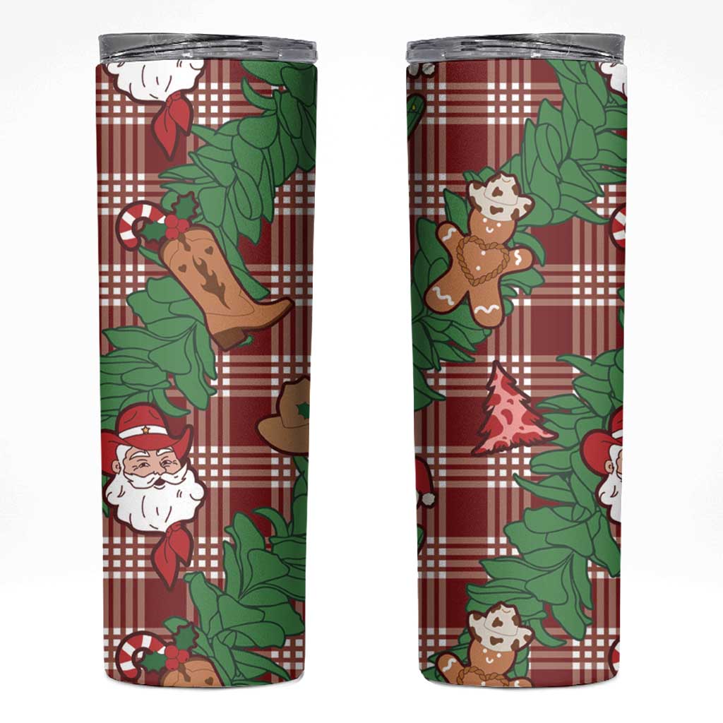 Red Palaka Hawaii Cowboy Christmas Skinny Tumbler Paniolo Mix Maile Lei LT7 Red - Polynesian Pride