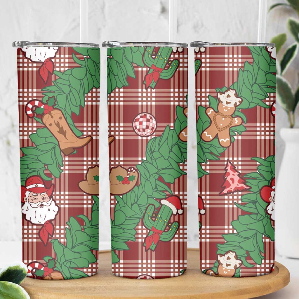 Red Palaka Hawaii Cowboy Christmas Skinny Tumbler Paniolo Mix Maile Lei LT7 - Polynesian Pride