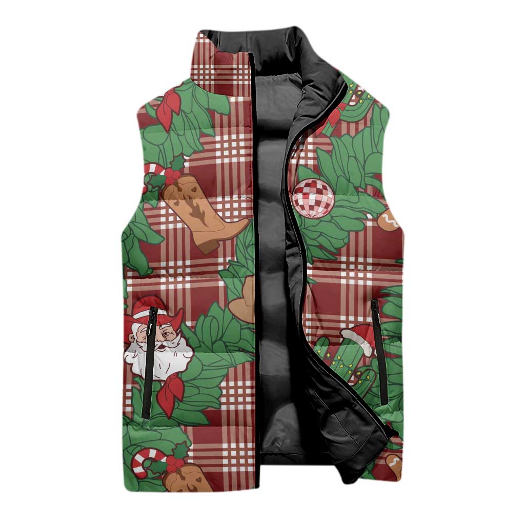 Red Palaka Hawaii Cowboy Christmas Sleeveless Puffer Jacket Paniolo Mix Maile Lei - Polynesian Pride