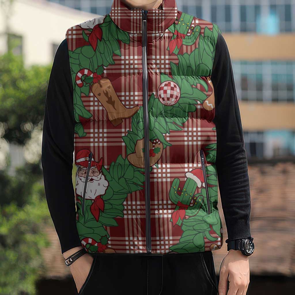Red Palaka Hawaii Cowboy Christmas Sleeveless Puffer Jacket Paniolo Mix Maile Lei - Polynesian Pride