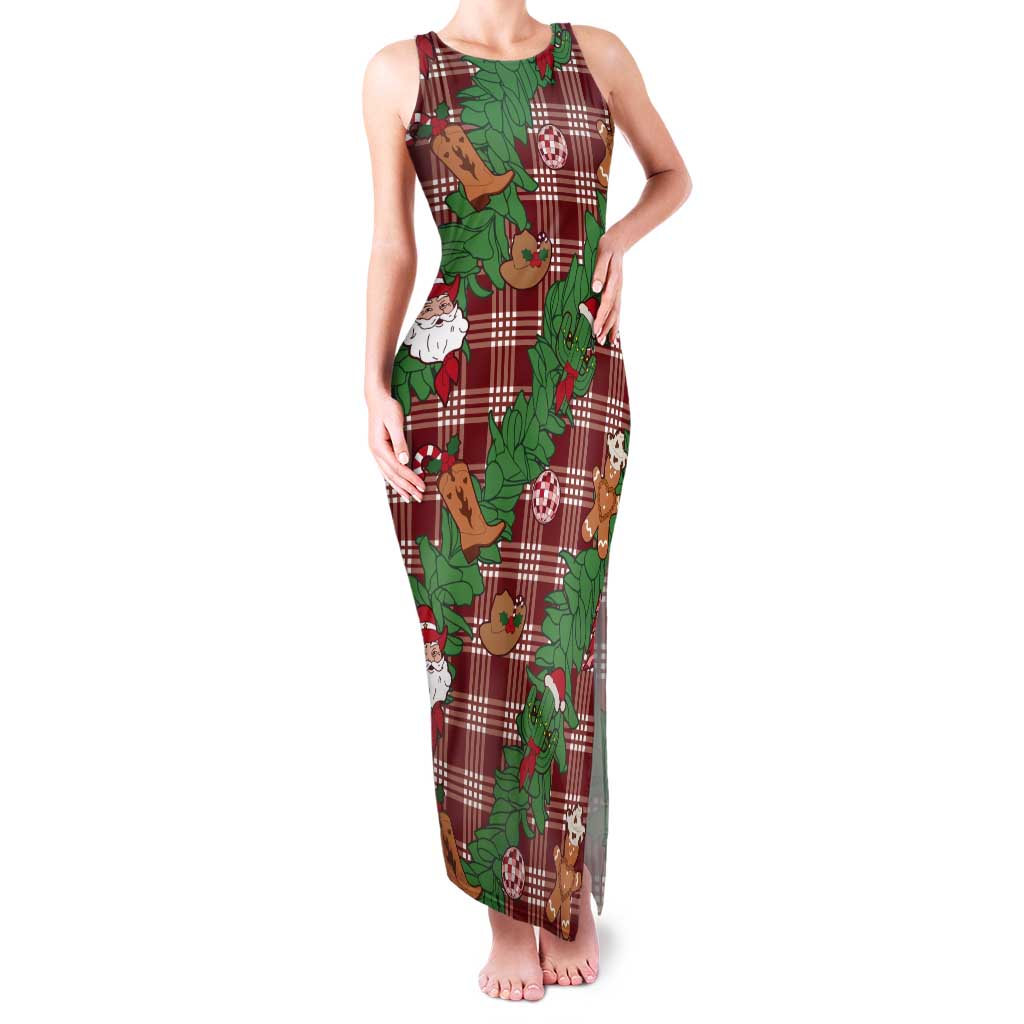 Red Palaka Hawaii Cowboy Christmas Tank Maxi Dress Paniolo Mix Maile Lei LT7 Women Red - Polynesian Pride