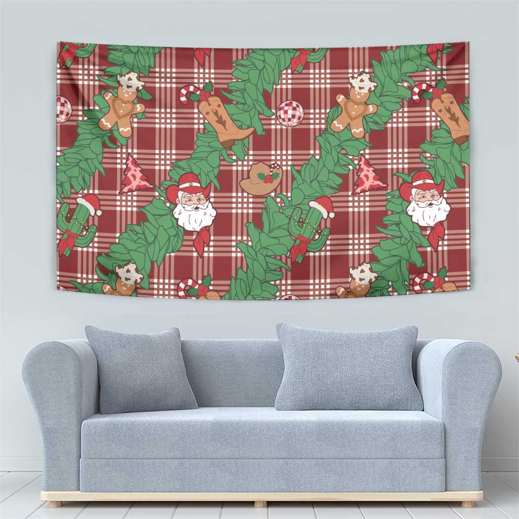 Red Palaka Hawaii Cowboy Christmas Tapestry Paniolo Mix Maile Lei - Polynesian Pride