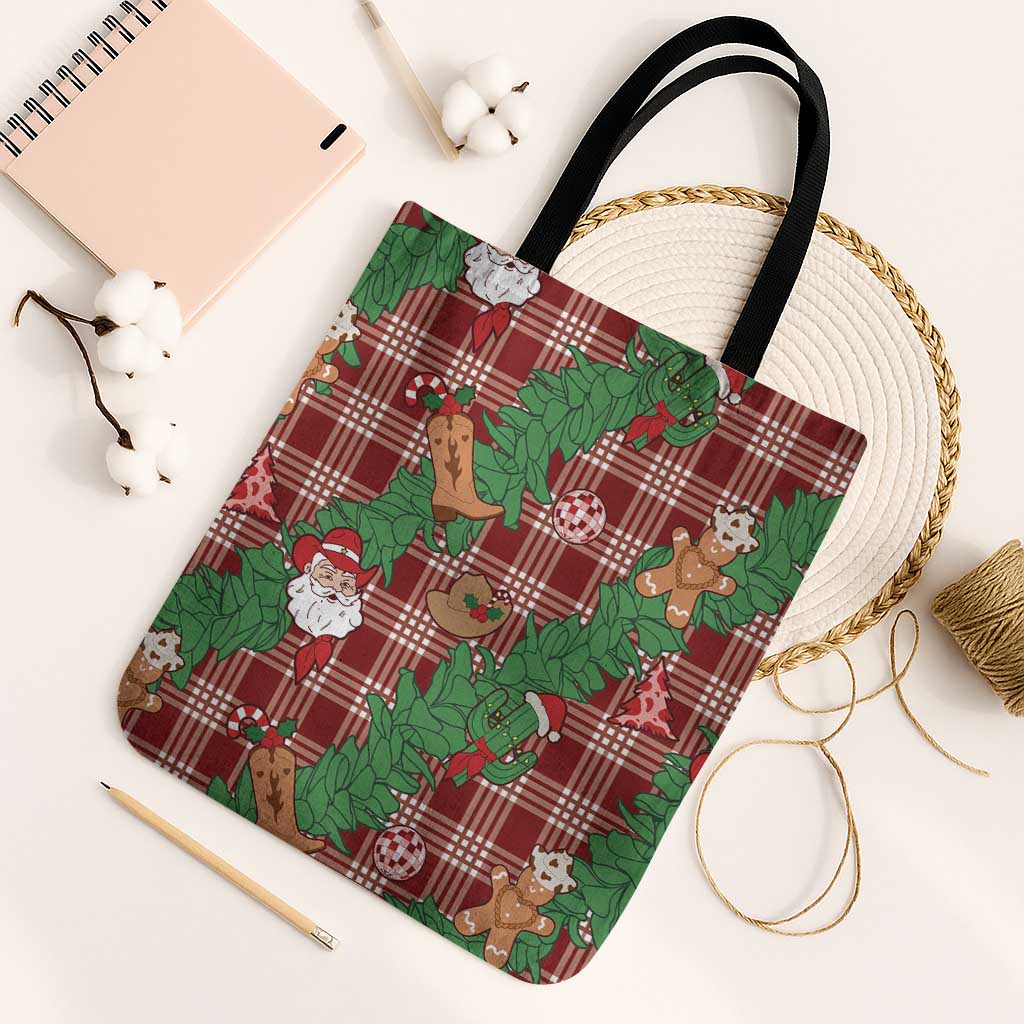 Red Palaka Hawaii Cowboy Christmas Tote Bag Paniolo Mix Maile Lei - Polynesian Pride