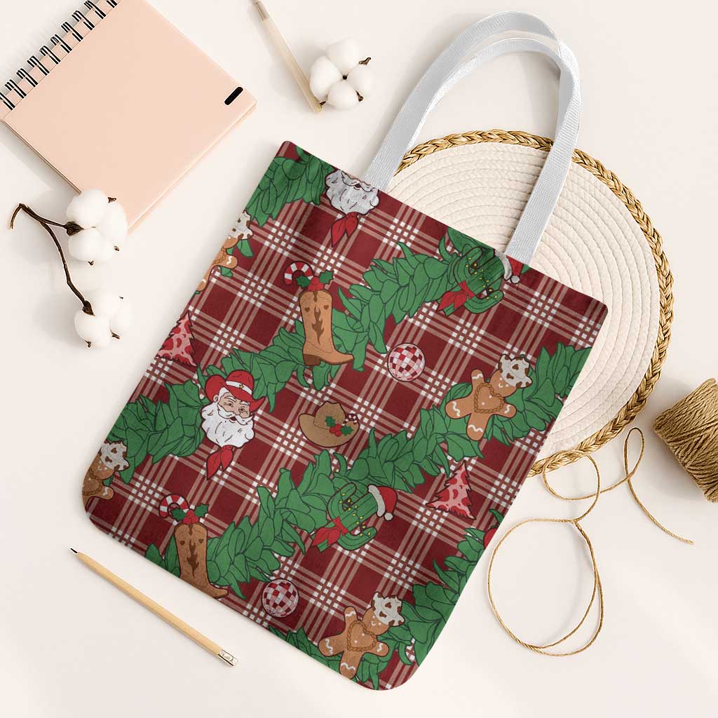Red Palaka Hawaii Cowboy Christmas Tote Bag Paniolo Mix Maile Lei - Polynesian Pride
