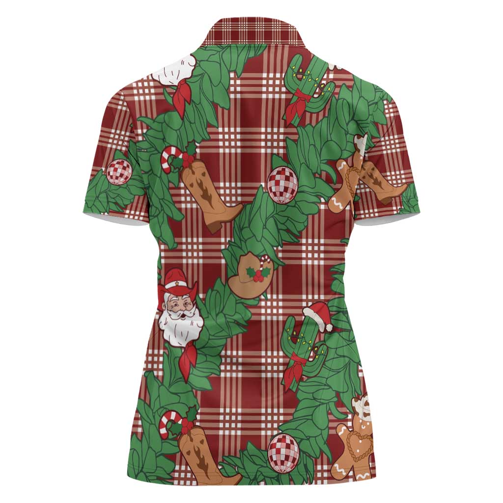 Red Palaka Hawaii Cowboy Christmas Women Polo Shirt Paniolo Mix Maile Lei LT7 - Polynesian Pride