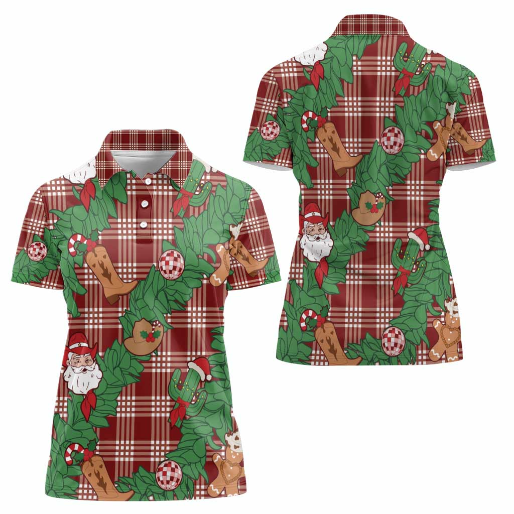Red Palaka Hawaii Cowboy Christmas Women Polo Shirt Paniolo Mix Maile Lei LT7 - Polynesian Pride