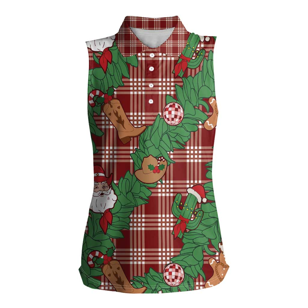 Red Palaka Hawaii Cowboy Christmas Women Sleeveless Polo Shirt Paniolo Mix Maile Lei - Polynesian Pride