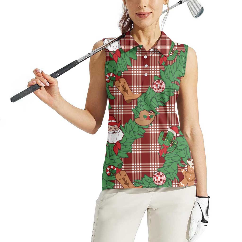 Red Palaka Hawaii Cowboy Christmas Women Sleeveless Polo Shirt Paniolo Mix Maile Lei LT7 - Polynesian Pride
