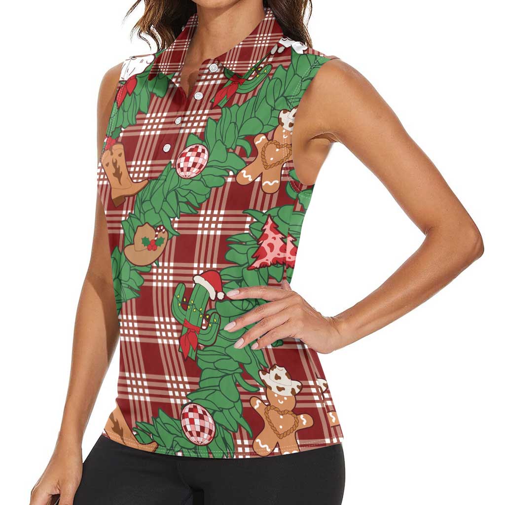 Red Palaka Hawaii Cowboy Christmas Women Sleeveless Polo Shirt Paniolo Mix Maile Lei LT7 - Polynesian Pride