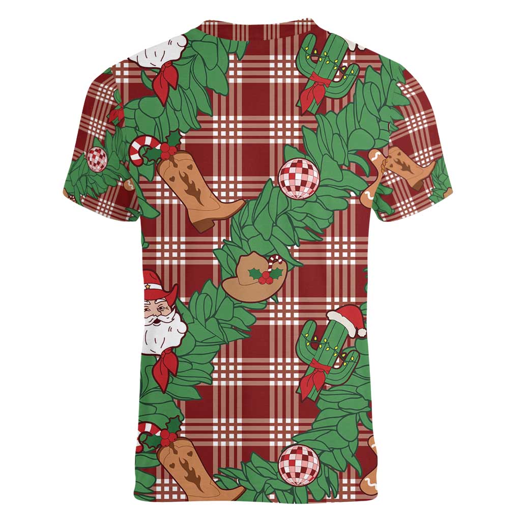 Red Palaka Hawaii Cowboy Christmas Women V-Neck T-Shirt Paniolo Mix Maile Lei LT7 - Polynesian Pride