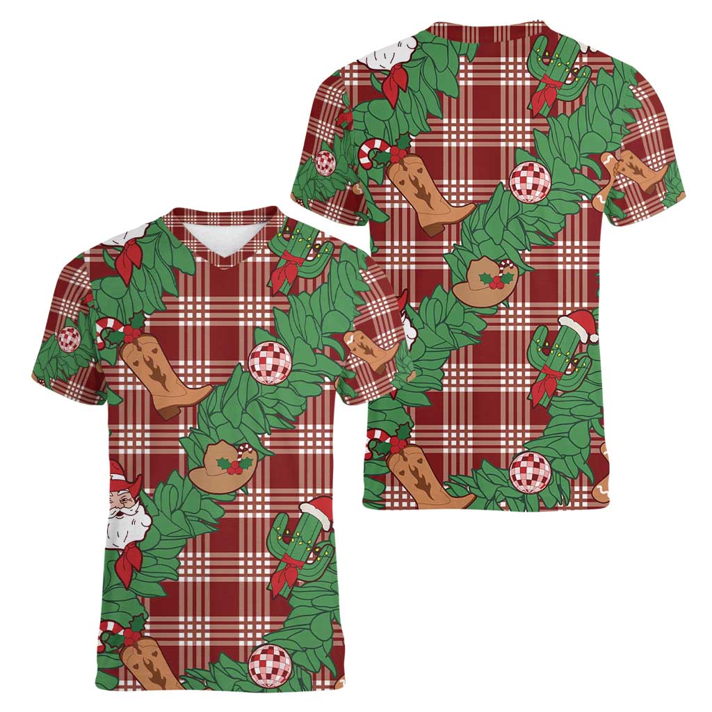 Red Palaka Hawaii Cowboy Christmas Women V-Neck T-Shirt Paniolo Mix Maile Lei LT7 - Polynesian Pride
