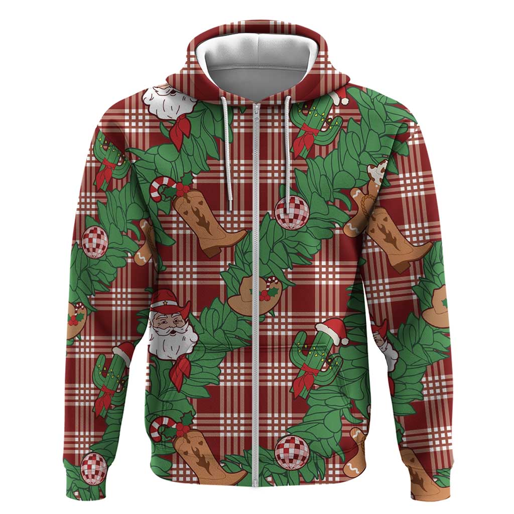 Red Palaka Hawaii Cowboy Christmas Zip Hoodie Paniolo Mix Maile Lei - Polynesian Pride