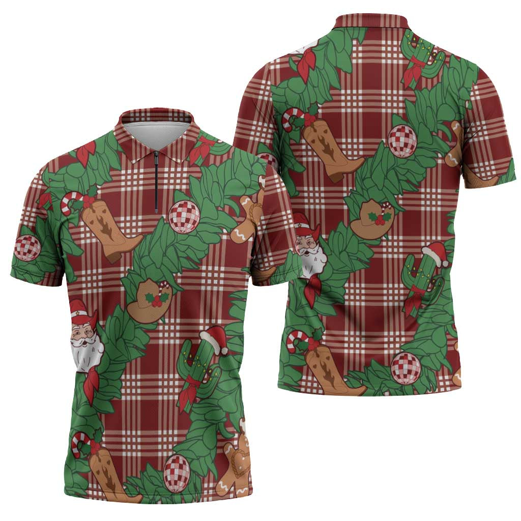 Red Palaka Hawaii Cowboy Christmas Zipper Polo Shirt Paniolo Mix Maile Lei LT7 - Polynesian Pride