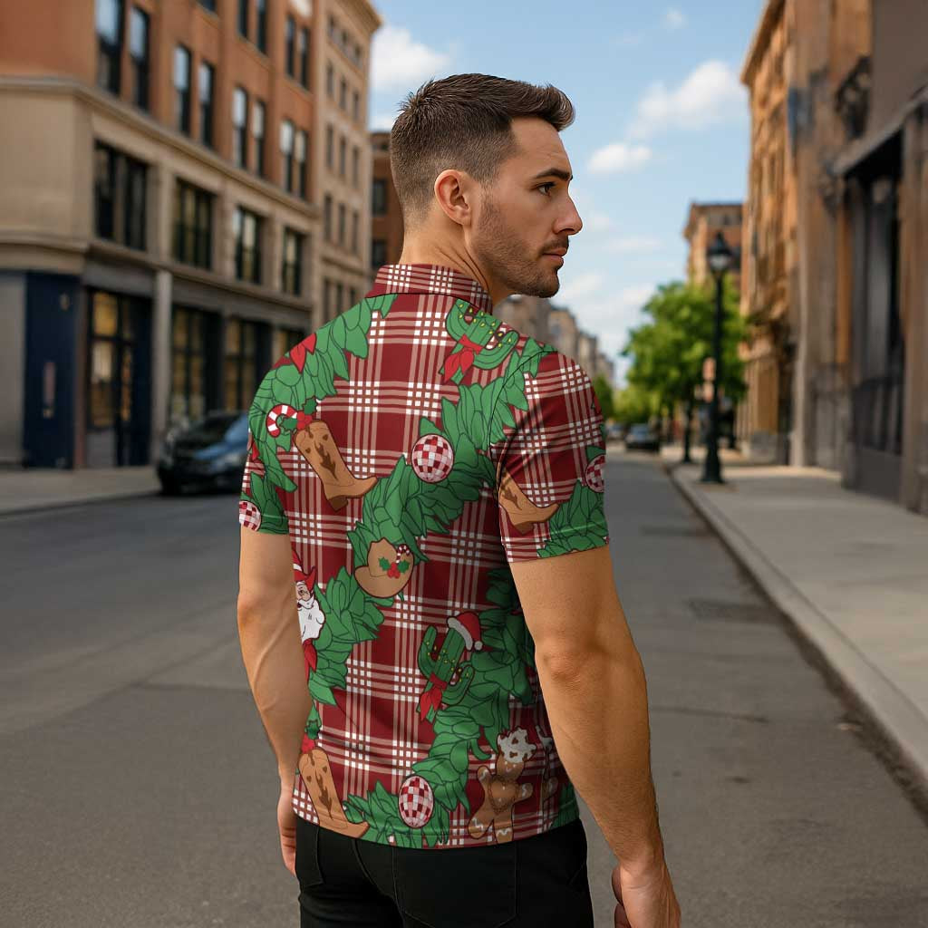 Red Palaka Hawaii Cowboy Christmas Zipper Polo Shirt Paniolo Mix Maile Lei LT7 - Polynesian Pride