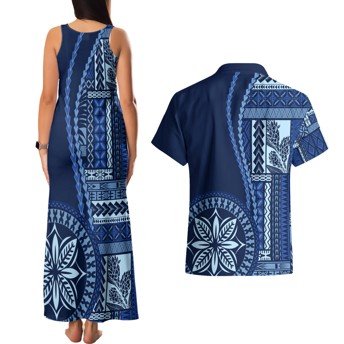 Samoa Siapo Motif Couples Matching Tank Maxi Dress and Hawaiian Shirt Classic Style - Bue Ver LT7 - Polynesian Pride