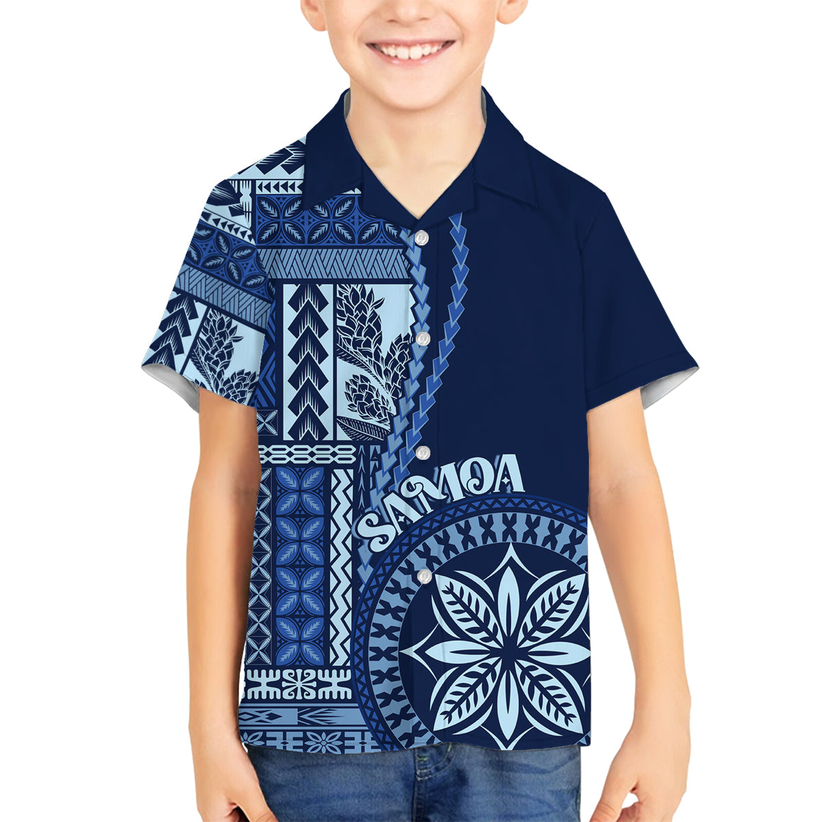 Samoa Siapo Motif Family Matching Off Shoulder Maxi Dress and Hawaiian Shirt Classic Style - Bue Ver LT7 Son's Shirt Blue - Polynesian Pride