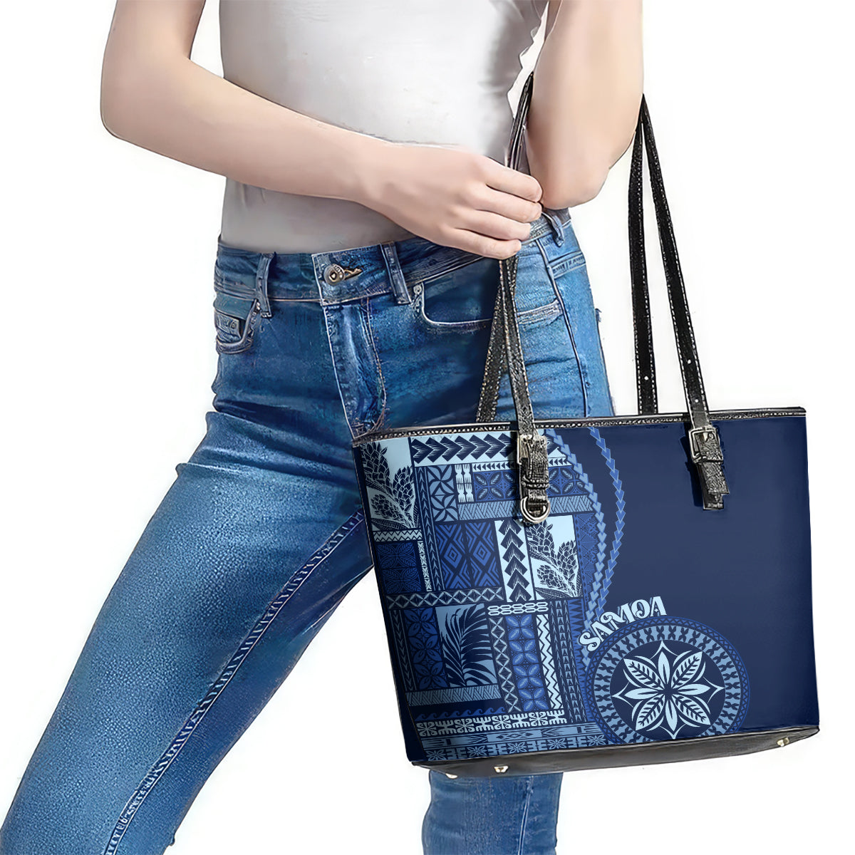 Samoa Siapo Motif Leather Tote Bag Classic Style - Bue Ver LT7 - Polynesian Pride