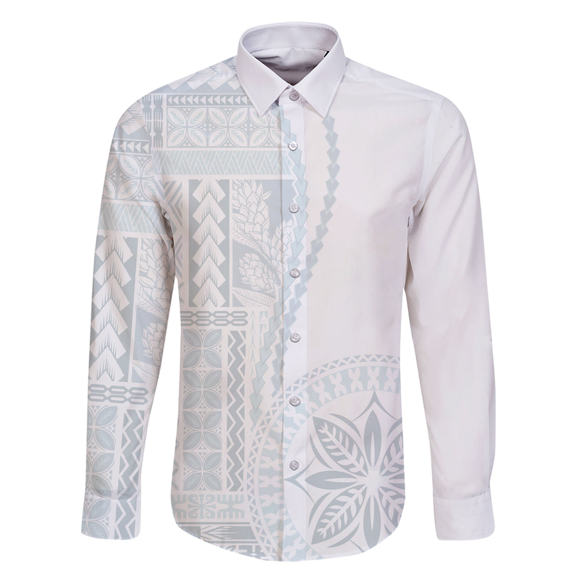 Samoa White Sunday Family Matching Long Sleeve Bodycon Dress and Hawaiian Shirt Classic Siapo Style LT7 Dad's Shirt - Long Sleeve White - Polynesian Pride