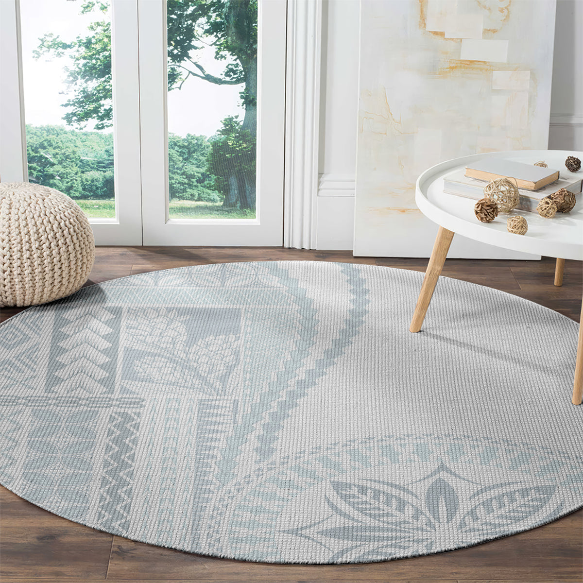 Samoa White Sunday Round Carpet Classic Siapo Style LT7 - Polynesian Pride