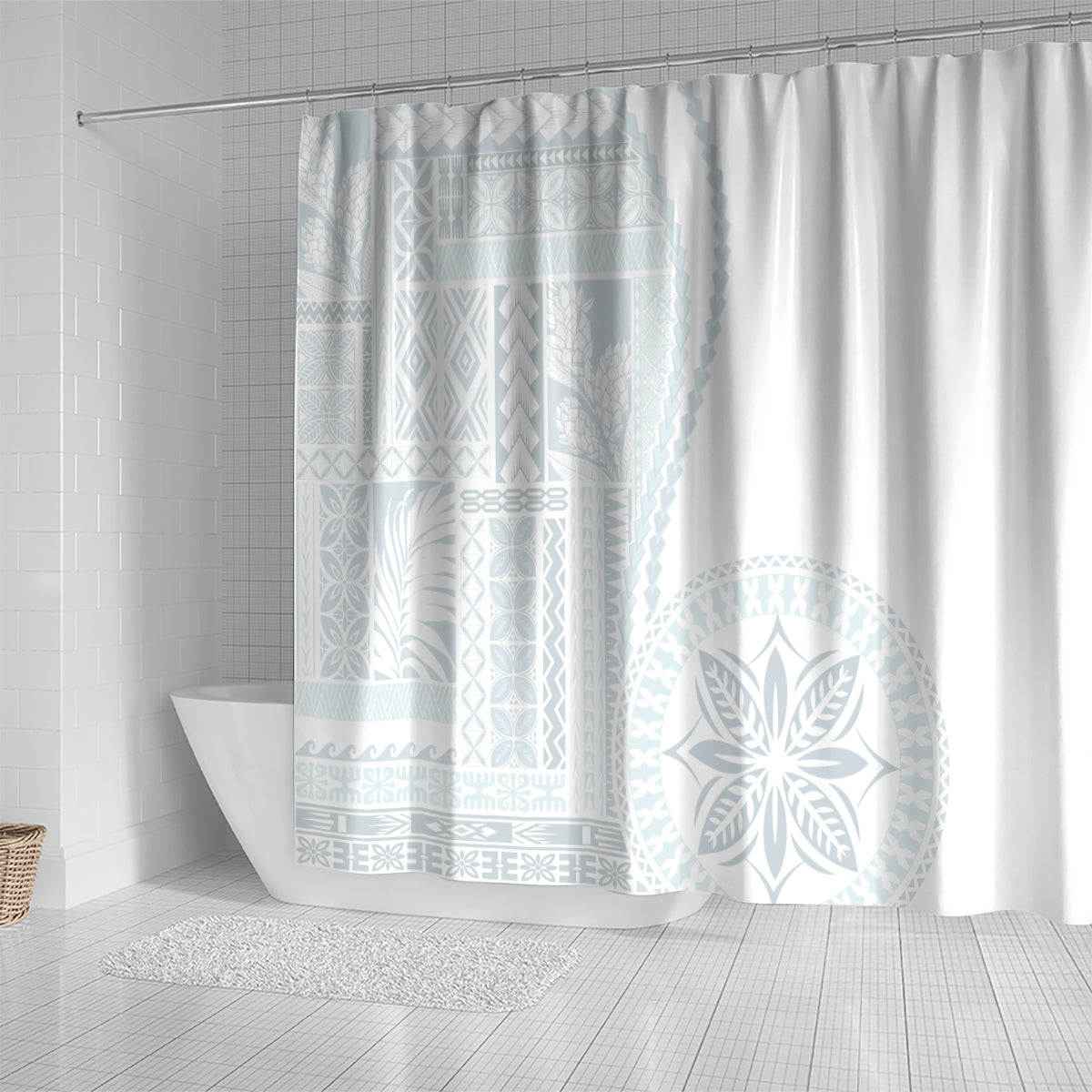 Samoa White Sunday Shower Curtain Classic Siapo Style LT7 - Polynesian Pride