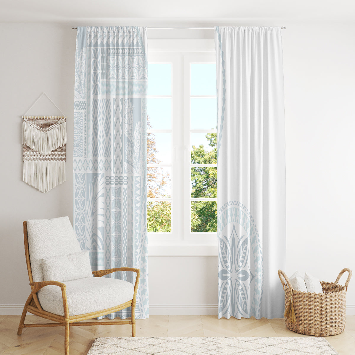Samoa White Sunday Window Curtain Classic Siapo Style LT7 - Polynesian Pride