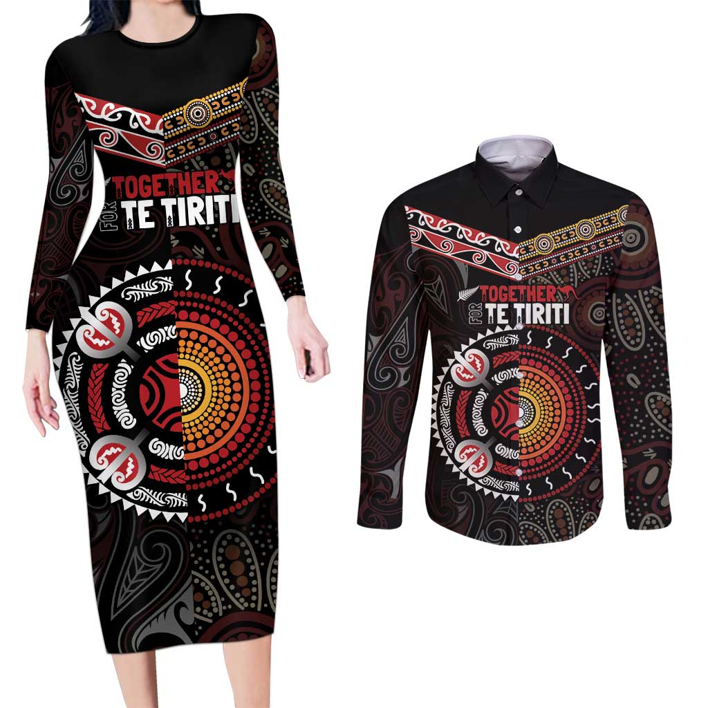 Aotearoa and Australia Indigenous Couples Matching Long Sleeve Bodycon Dress and Long Sleeve Button Shirt Stand Together For Te Tiriti LT7 Black - Polynesian Pride