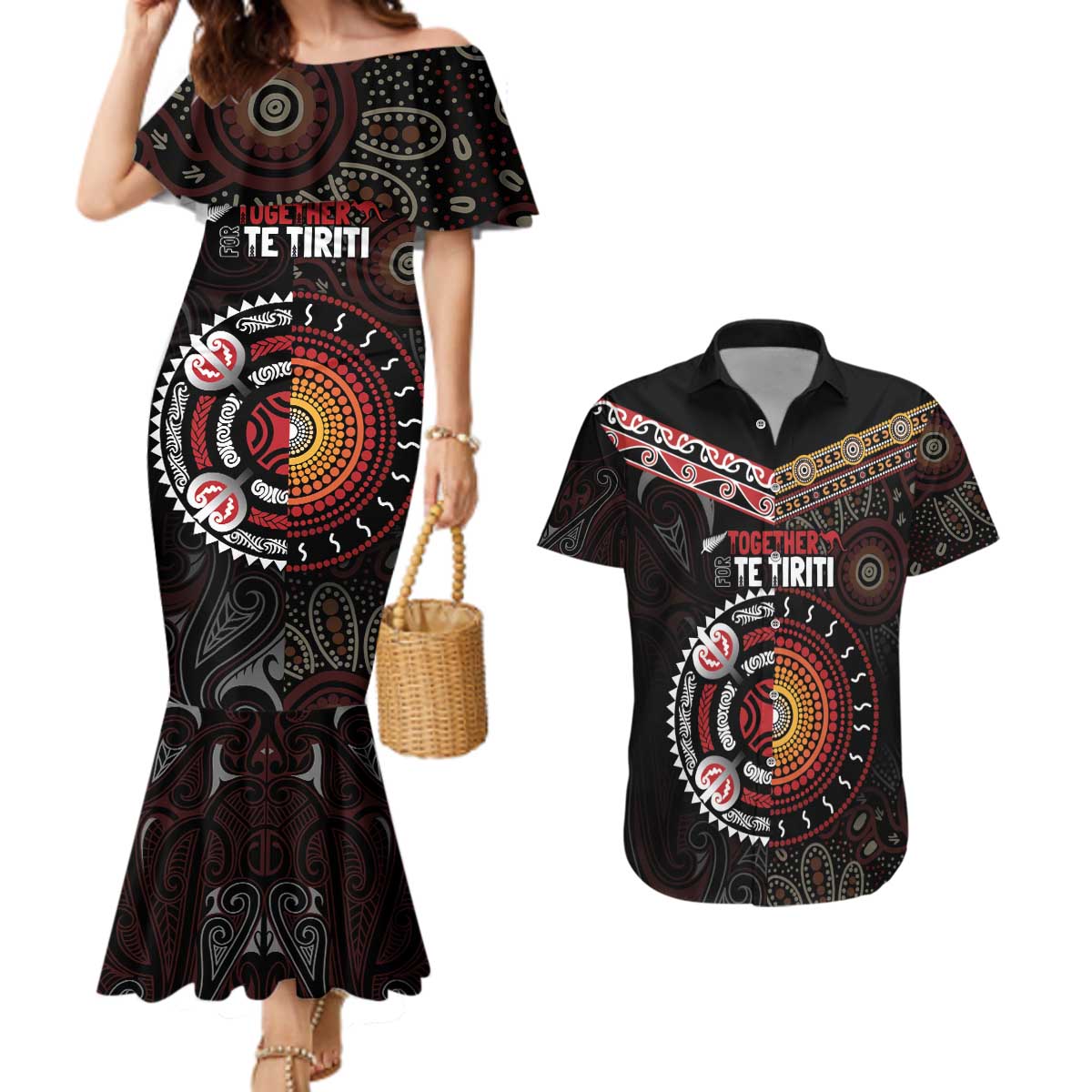 Aotearoa and Australia Indigenous Couples Matching Mermaid Dress and Hawaiian Shirt Stand Together For Te Tiriti LT7 Black - Polynesian Pride