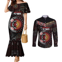 Aotearoa and Australia Indigenous Couples Matching Mermaid Dress and Long Sleeve Button Shirt Stand Together For Te Tiriti LT7 Black - Polynesian Pride