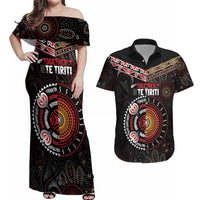 Aotearoa and Australia Indigenous Couples Matching Off Shoulder Maxi Dress and Hawaiian Shirt Stand Together For Te Tiriti LT7 Black - Polynesian Pride