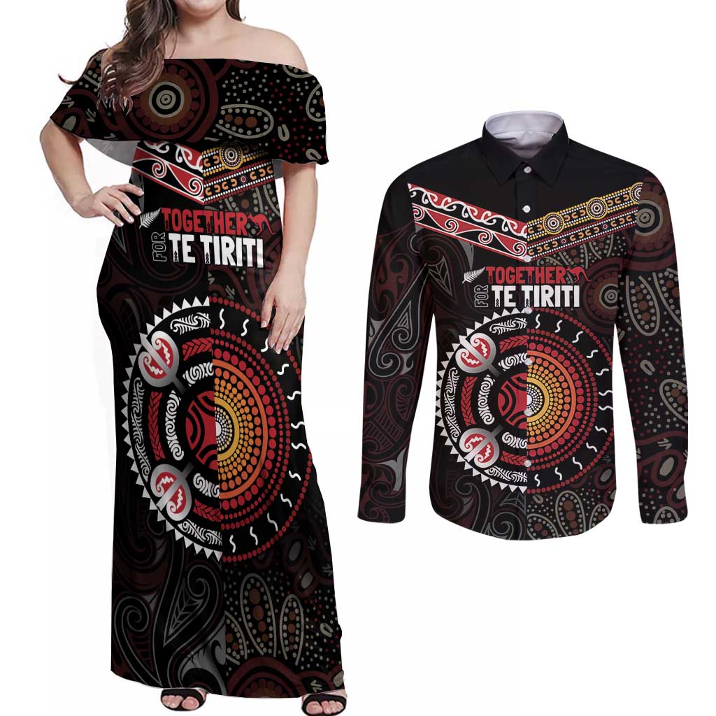 Aotearoa and Australia Indigenous Couples Matching Off Shoulder Maxi Dress and Long Sleeve Button Shirt Stand Together For Te Tiriti LT7 Black - Polynesian Pride