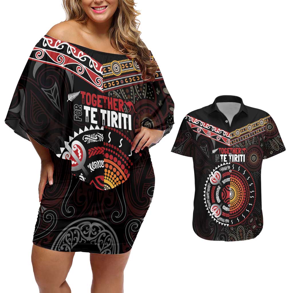 Aotearoa and Australia Indigenous Couples Matching Off Shoulder Short Dress and Hawaiian Shirt Stand Together For Te Tiriti LT7 Black - Polynesian Pride