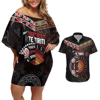 Aotearoa and Australia Indigenous Couples Matching Off Shoulder Short Dress and Hawaiian Shirt Stand Together For Te Tiriti LT7 Black - Polynesian Pride