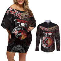 Aotearoa and Australia Indigenous Couples Matching Off Shoulder Short Dress and Long Sleeve Button Shirt Stand Together For Te Tiriti LT7 Black - Polynesian Pride