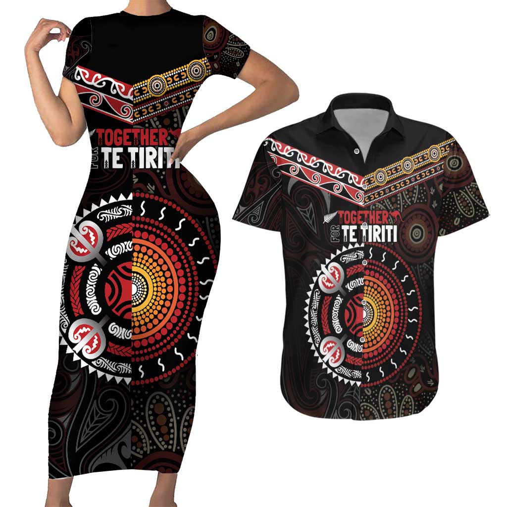 Aotearoa and Australia Indigenous Couples Matching Short Sleeve Bodycon Dress and Hawaiian Shirt Stand Together For Te Tiriti LT7 Black - Polynesian Pride