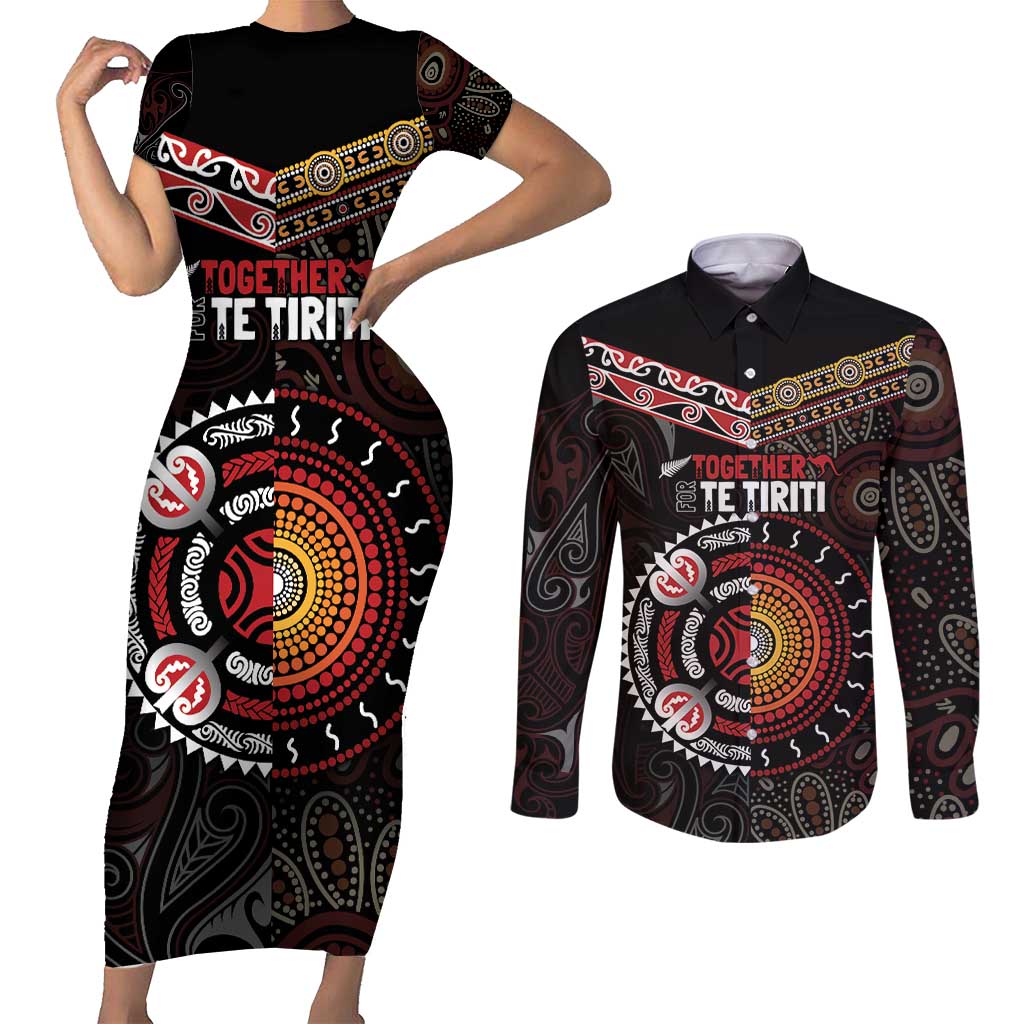 Aotearoa and Australia Indigenous Couples Matching Short Sleeve Bodycon Dress and Long Sleeve Button Shirt Stand Together For Te Tiriti LT7 Black - Polynesian Pride
