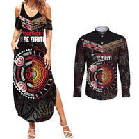 Aotearoa and Australia Indigenous Couples Matching Summer Maxi Dress and Long Sleeve Button Shirt Stand Together For Te Tiriti LT7 Black - Polynesian Pride